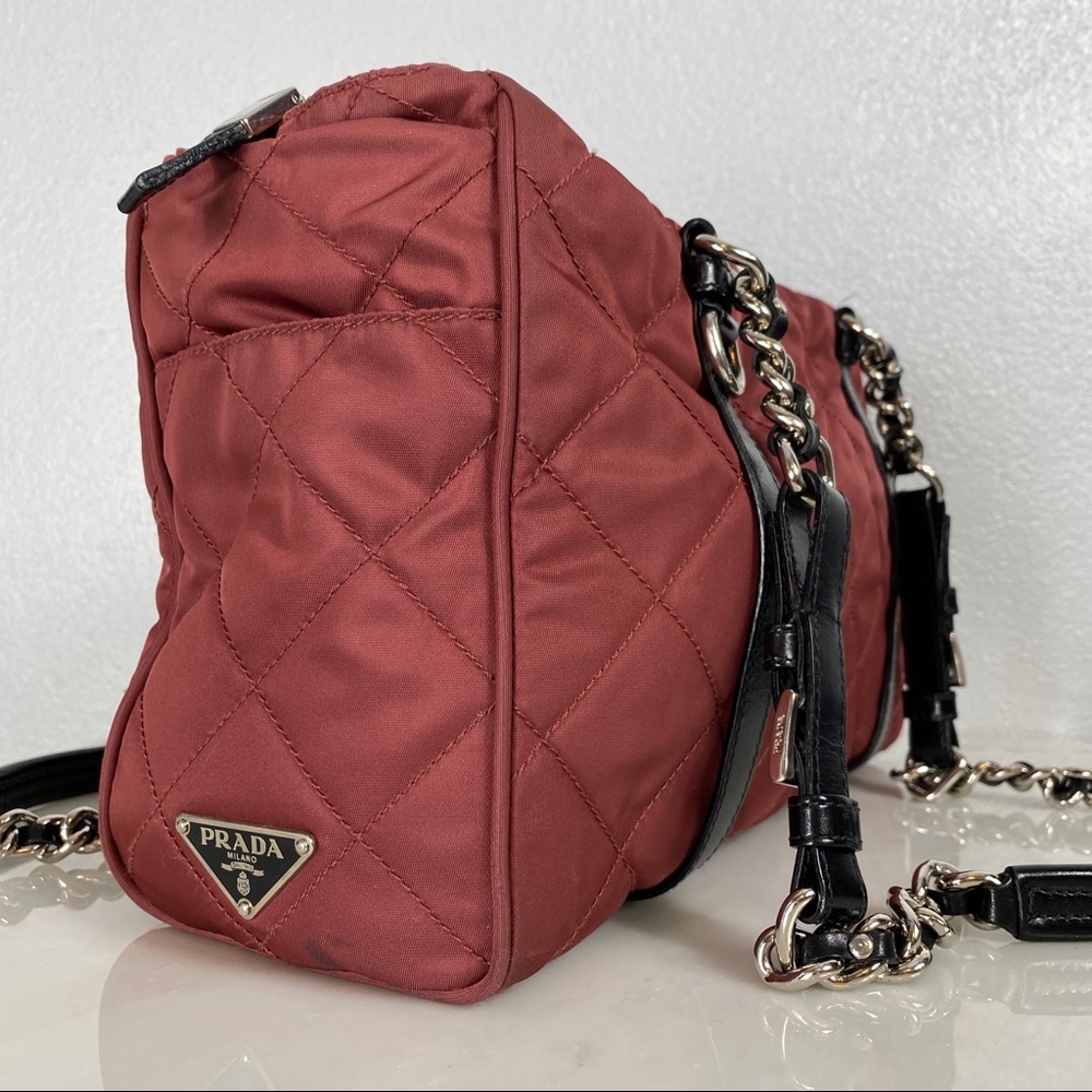 Prada Quilted Nylon Shoulder Bag in Rust Red with Black Trim